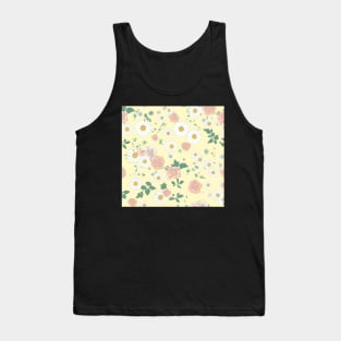 Classic Flower Wallpaper: Delicate Daisies and Roses Hand-Drawn on Yellow. Tank Top